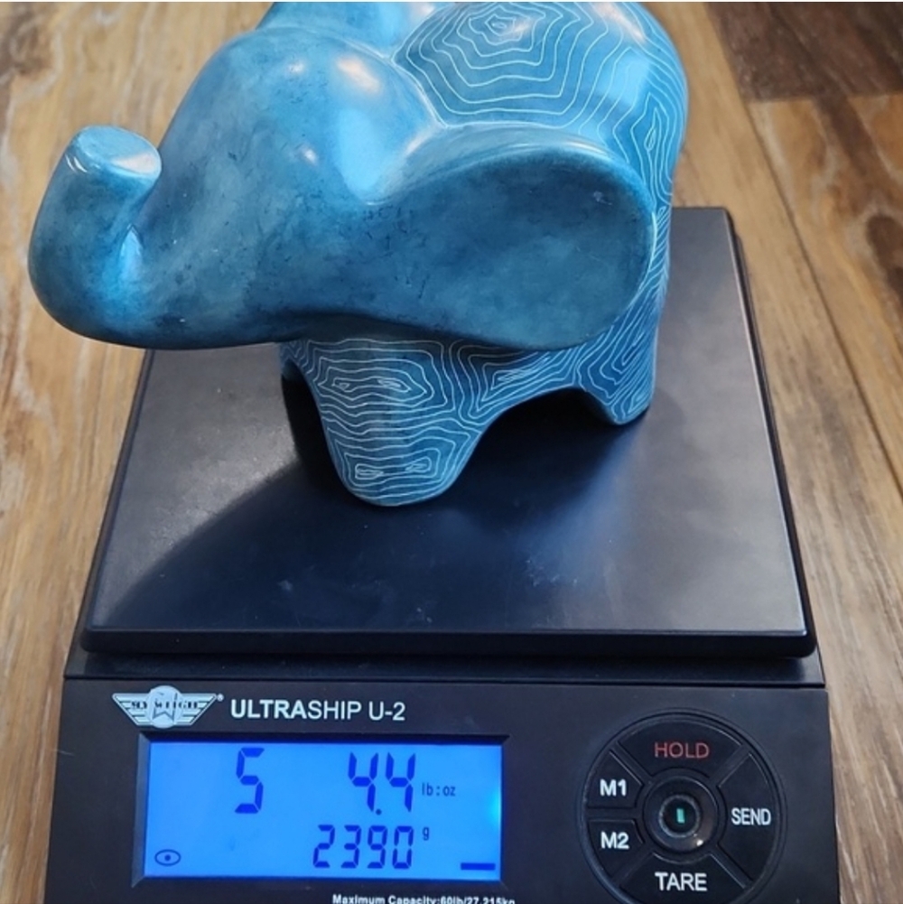 Afrikiko Soapstone Elephant Teal Blue Green White Abstract Circles - Picture 15 of 15